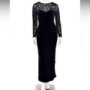 Vintage EUC Oleg Cassini Black Long Sleeve Semi Sheer Beaded Dress Low Cut Back